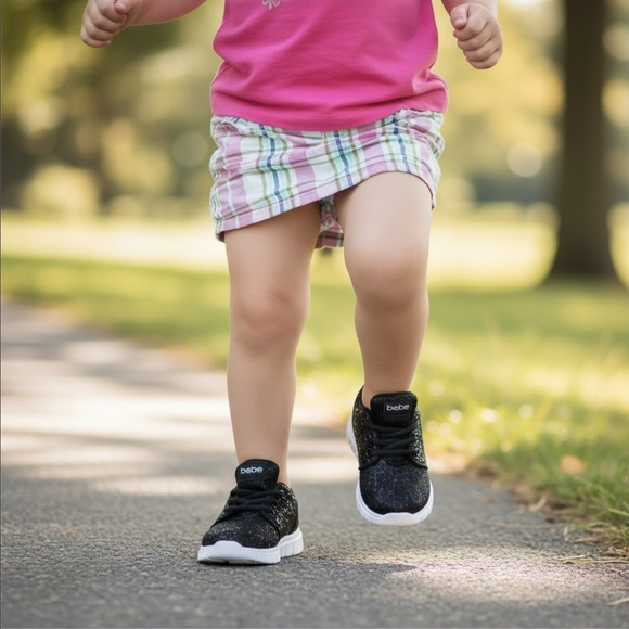 Bebe Girl Sparkly Sneakers ✦ Black Glitter Lace-Up ✦ Toddler Playground Style 9 - Picture 1 of 16